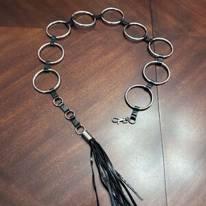 Guess by Marciano Silver-tone Metal Link Chain Belt Faux Leather Trim Tassel